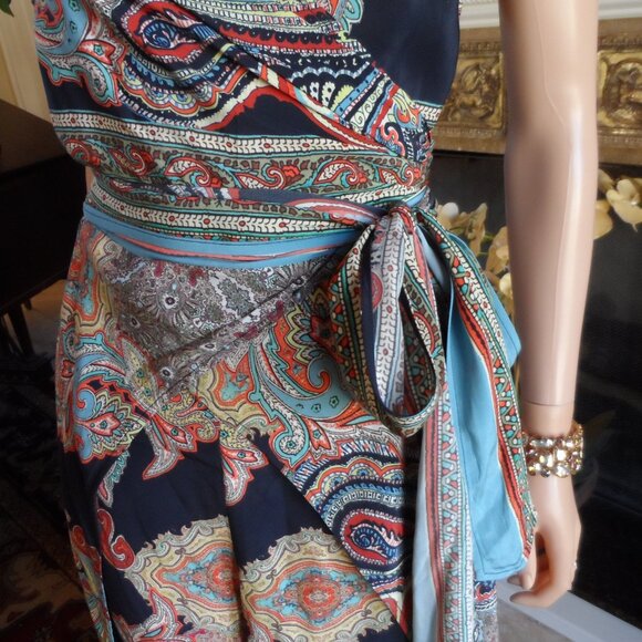 Scalan Theodore 100% Silk Blue Multi Jumpsuit w/Front Wrap Detail Size US 4 - Picture 7 of 16